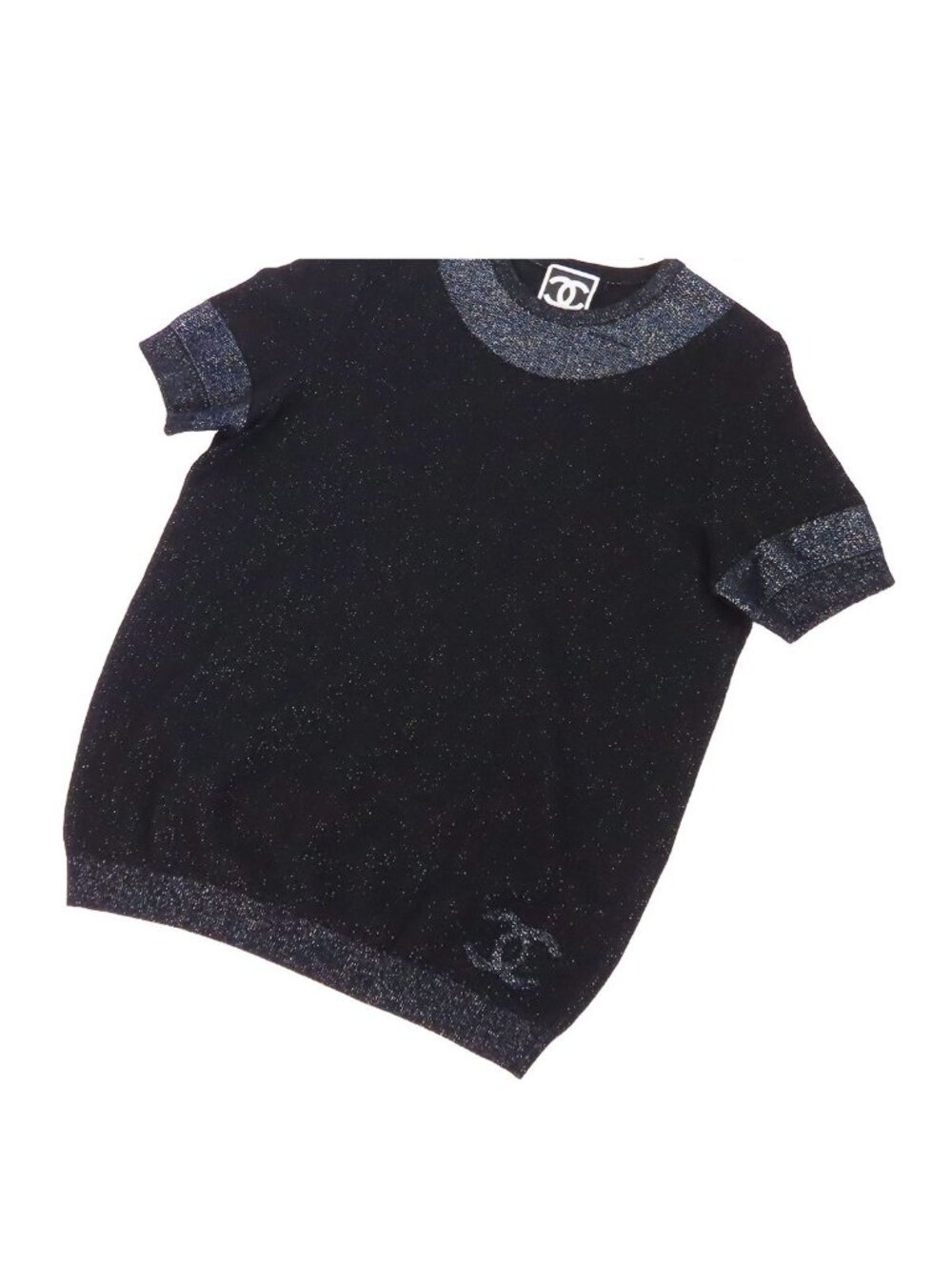 Chanel Short Sleeve Knit Black Navy Wool Cashmere Rayon Crew Neck CC Logo 09A